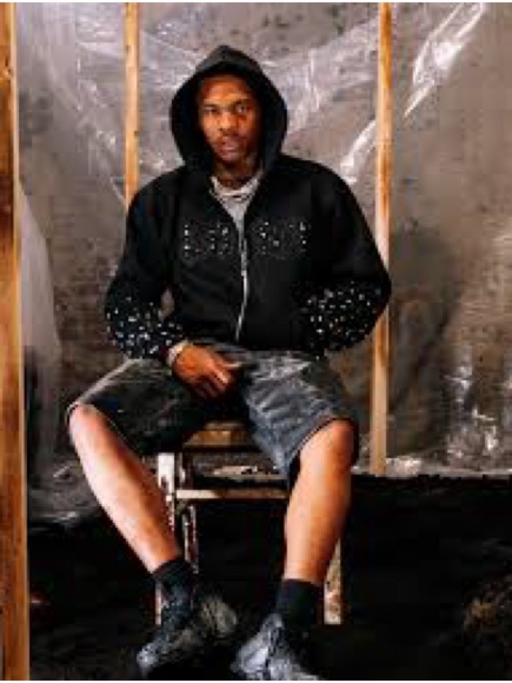 Lost Intricacy LOST Applique Rhinestone Zip-Up Hoodie - Washed Black Xl